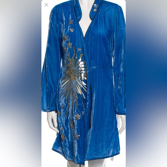 NWT RIXO London RARE Blue Iris silver gold sequin Embellished Velvet Wrap Dress - Picture 4 of 13
